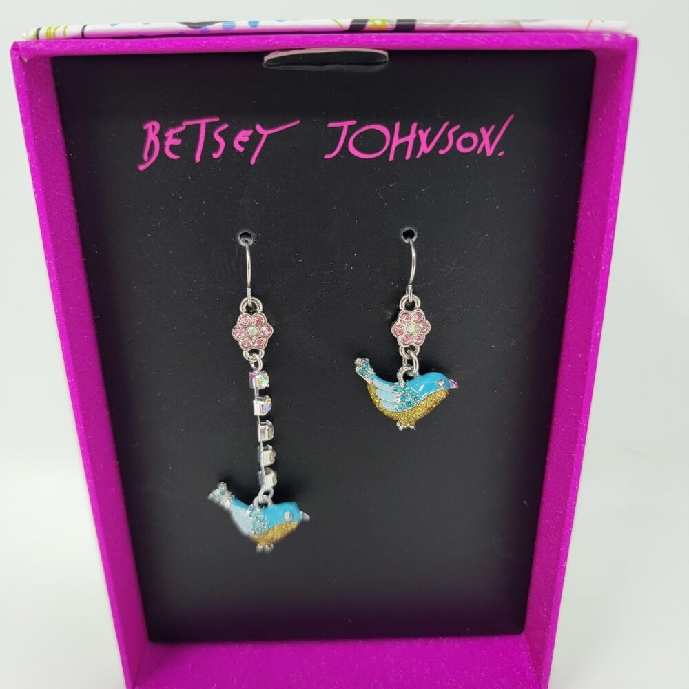 Betsey Johnson Blue Bird Crystal pink Flower short & long earrings